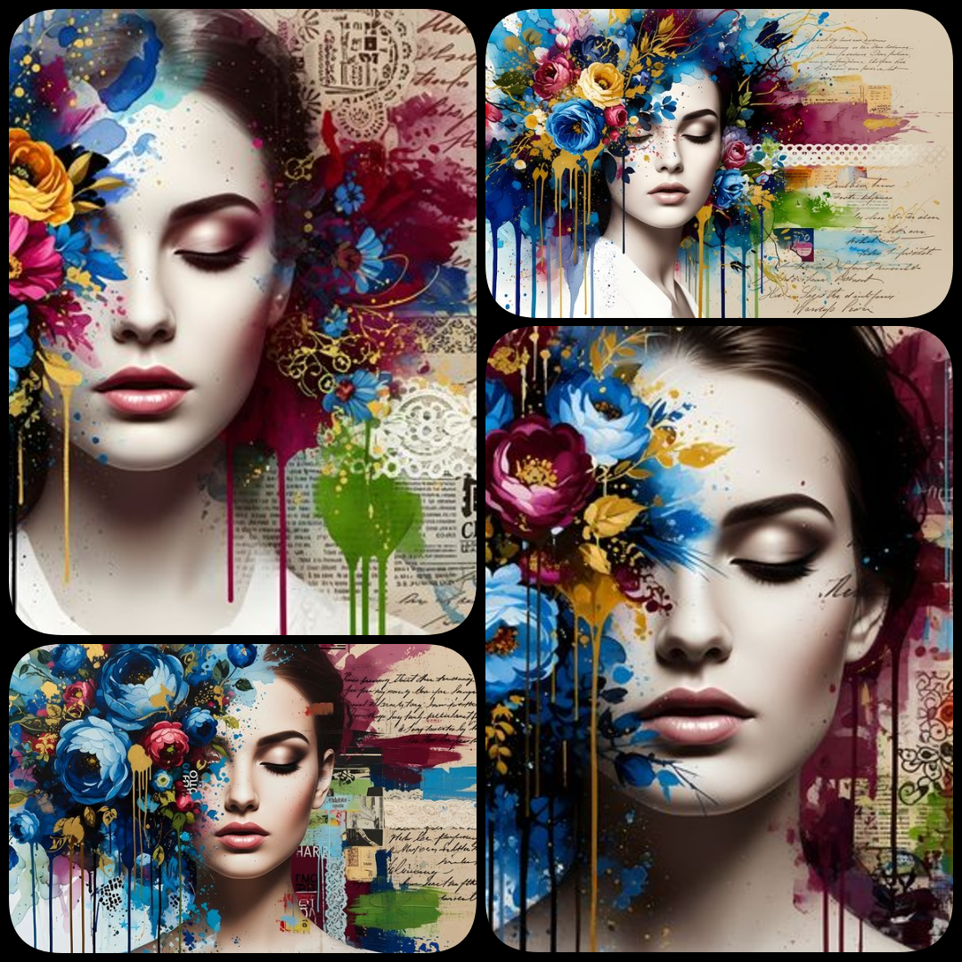 Discover 40 high-resolution blue-hued artworks featuring women’s faces with floral accents in diverse styles like digital, futuristic, vintage, collage, and painterly. Perfect for scrapbooking and wall art projects. women’s faces art, blue floral portrait