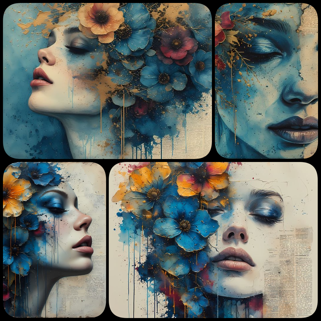 Discover 40 high-resolution blue-hued artworks featuring women’s faces with floral accents in diverse styles like digital, futuristic, vintage, collage, and painterly. Perfect for scrapbooking and wall art projects. women’s faces art, blue floral portrait