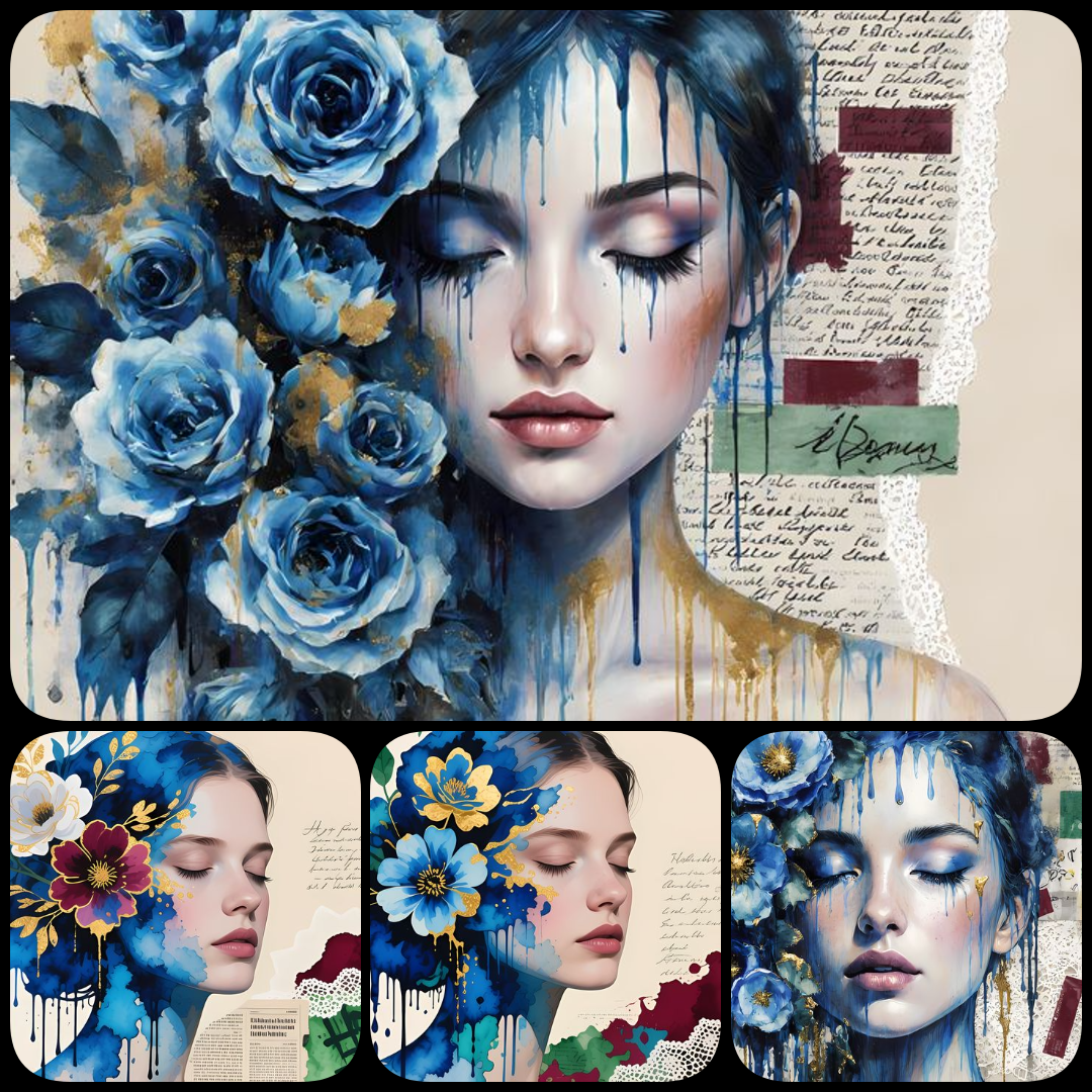 Discover 40 high-resolution blue-hued artworks featuring women’s faces with floral accents in diverse styles like digital, futuristic, vintage, collage, and painterly. Perfect for scrapbooking and wall art projects. women’s faces art, blue floral portrait