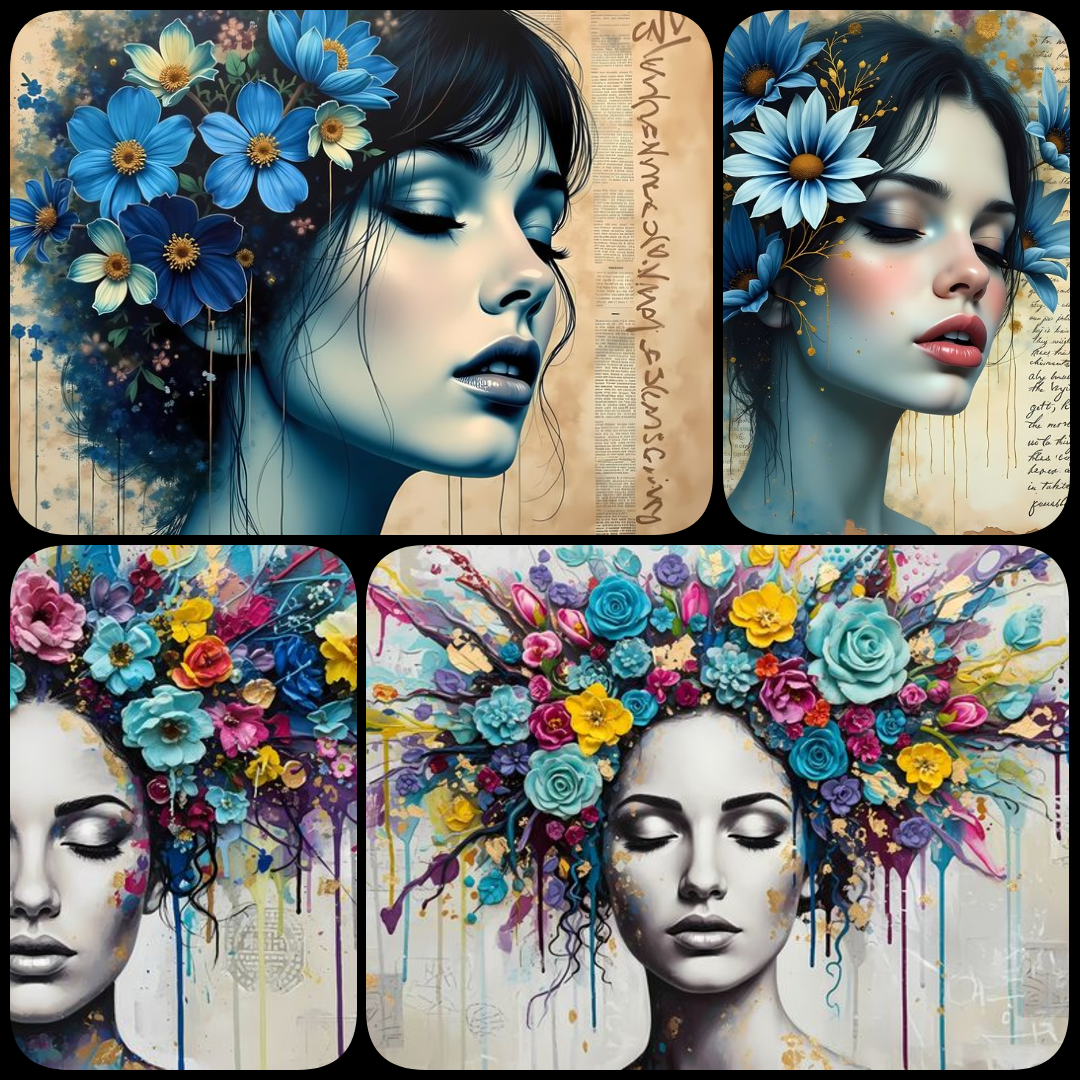 Discover 40 high-resolution blue-hued artworks featuring women’s faces with floral accents in diverse styles like digital, futuristic, vintage, collage, and painterly. Perfect for scrapbooking and wall art projects. women’s faces art, blue floral portrait