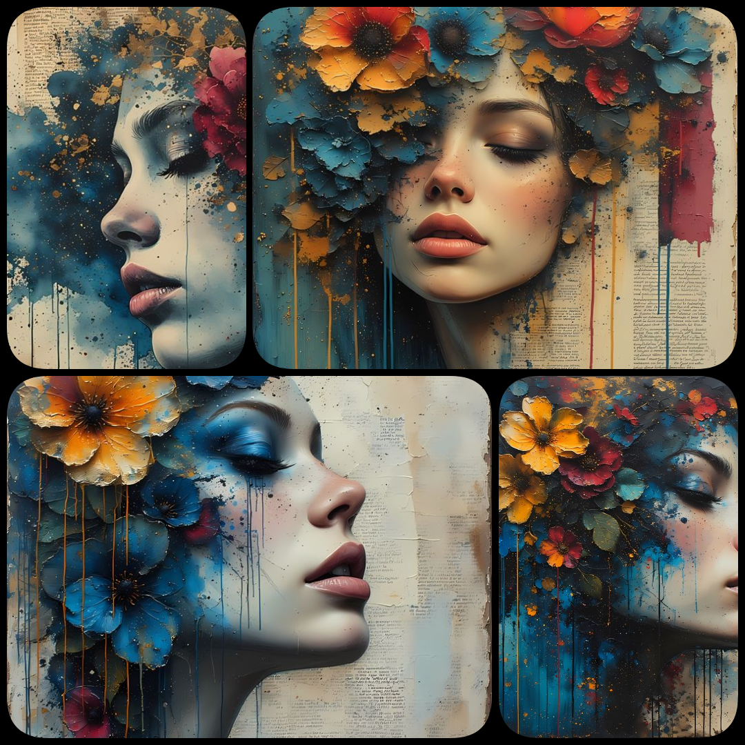 Discover 40 high-resolution blue-hued artworks featuring women’s faces with floral accents in diverse styles like digital, futuristic, vintage, collage, and painterly. Perfect for scrapbooking and wall art projects. women’s faces art, blue floral portrait