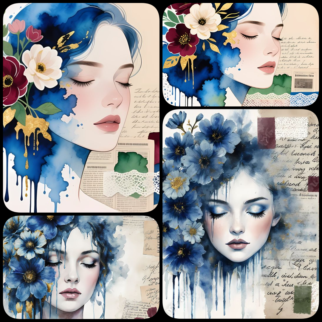 Discover 40 high-resolution blue-hued artworks featuring women’s faces with floral accents in diverse styles like digital, futuristic, vintage, collage, and painterly. Perfect for scrapbooking and wall art projects. women’s faces art, blue floral portrait