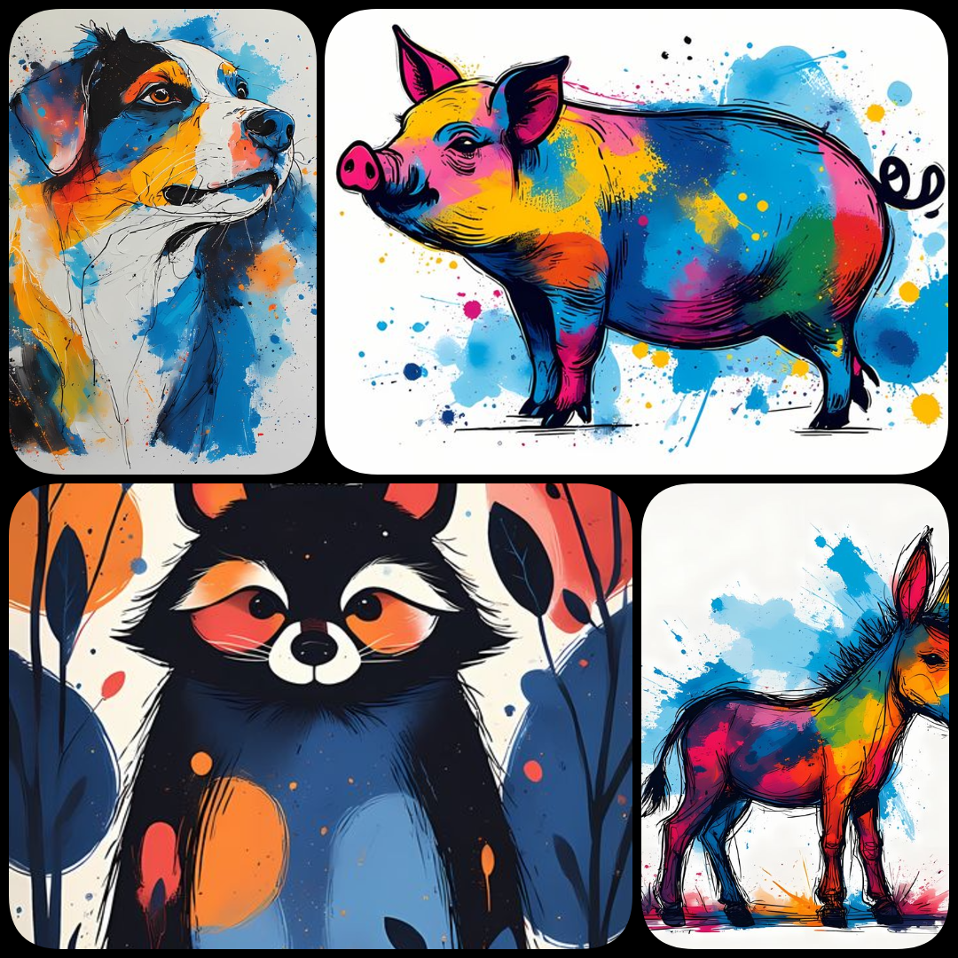 A vibrant collection of animal artwork in hues of blue, blending watercolor splash illustration and whimsical animal illustration with bold expressionist brushstroke painting and abstract watercolor art. Some designs feature playful, mandala-inspired patt