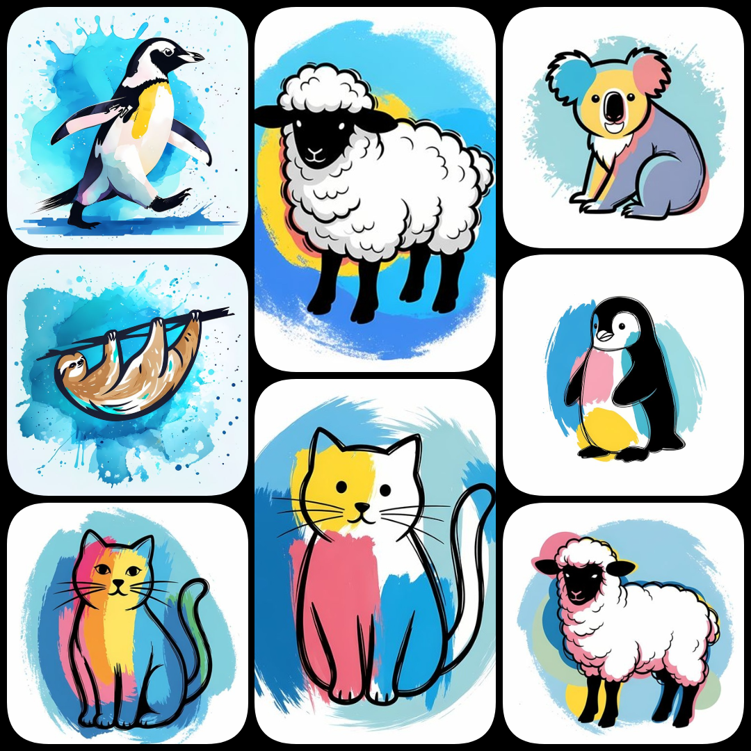 A vibrant collection of animal artwork in hues of blue, blending watercolor splash illustration and whimsical animal illustration with bold expressionist brushstroke painting and abstract watercolor art. Some designs feature playful, mandala-inspired patt