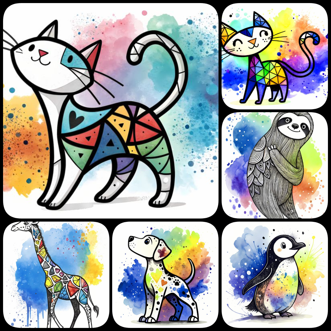 A vibrant collection of animal artwork in hues of blue, blending watercolor splash illustration and whimsical animal illustration with bold expressionist brushstroke painting and abstract watercolor art. Some designs feature playful, mandala-inspired patt
