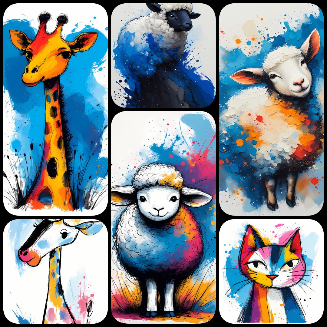 A vibrant collection of animal artwork in hues of blue, blending watercolor splash illustration and whimsical animal illustration with bold expressionist brushstroke painting and abstract watercolor art. Some designs feature playful, mandala-inspired patt