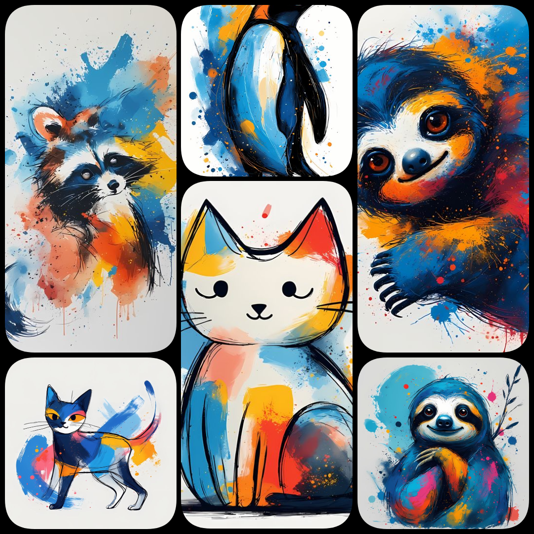 A vibrant collection of animal artwork in hues of blue, blending watercolor splash illustration and whimsical animal illustration with bold expressionist brushstroke painting and abstract watercolor art. Some designs feature playful, mandala-inspired patt