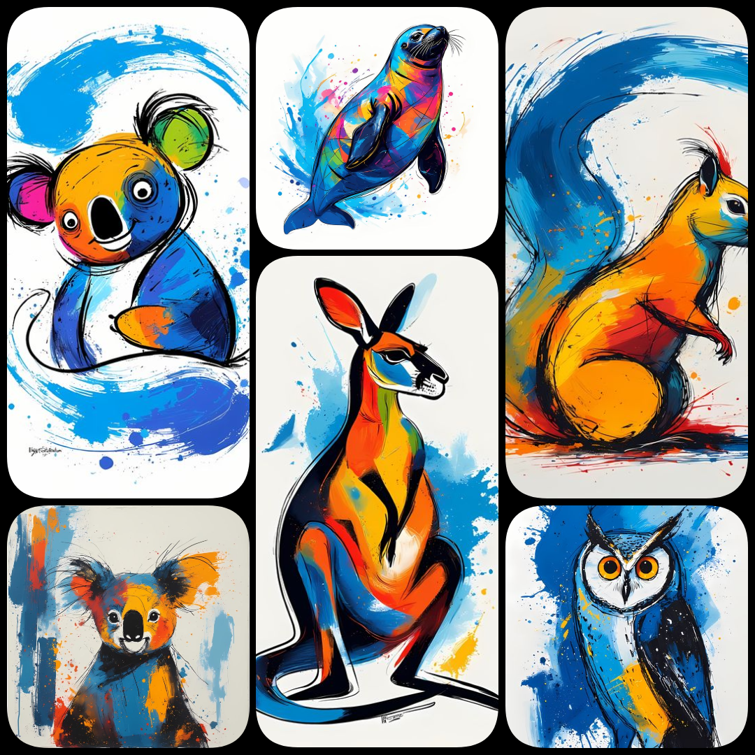 A vibrant collection of animal artwork in hues of blue, blending watercolor splash illustration and whimsical animal illustration with bold expressionist brushstroke painting and abstract watercolor art. Some designs feature playful, mandala-inspired patt