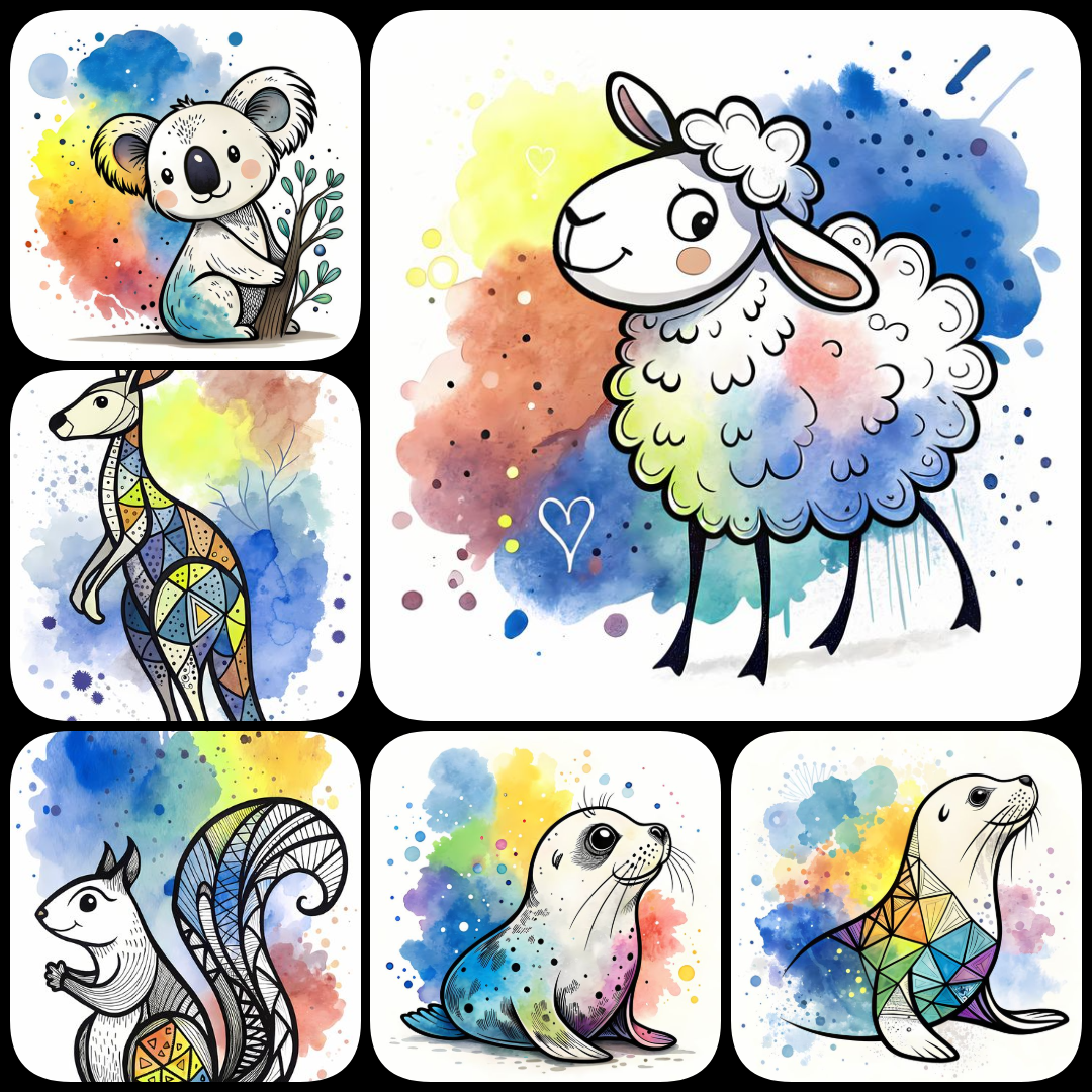 A vibrant collection of animal artwork in hues of blue, blending watercolor splash illustration and whimsical animal illustration with bold expressionist brushstroke painting and abstract watercolor art. Some designs feature playful, mandala-inspired patt