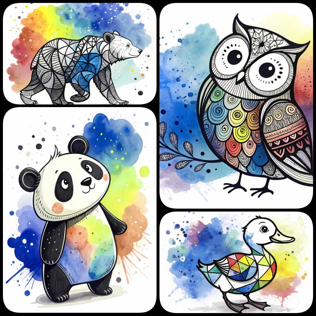 A vibrant collection of animal artwork in hues of blue, blending watercolor splash illustration and whimsical animal illustration with bold expressionist brushstroke painting and abstract watercolor art. Some designs feature playful, mandala-inspired patt