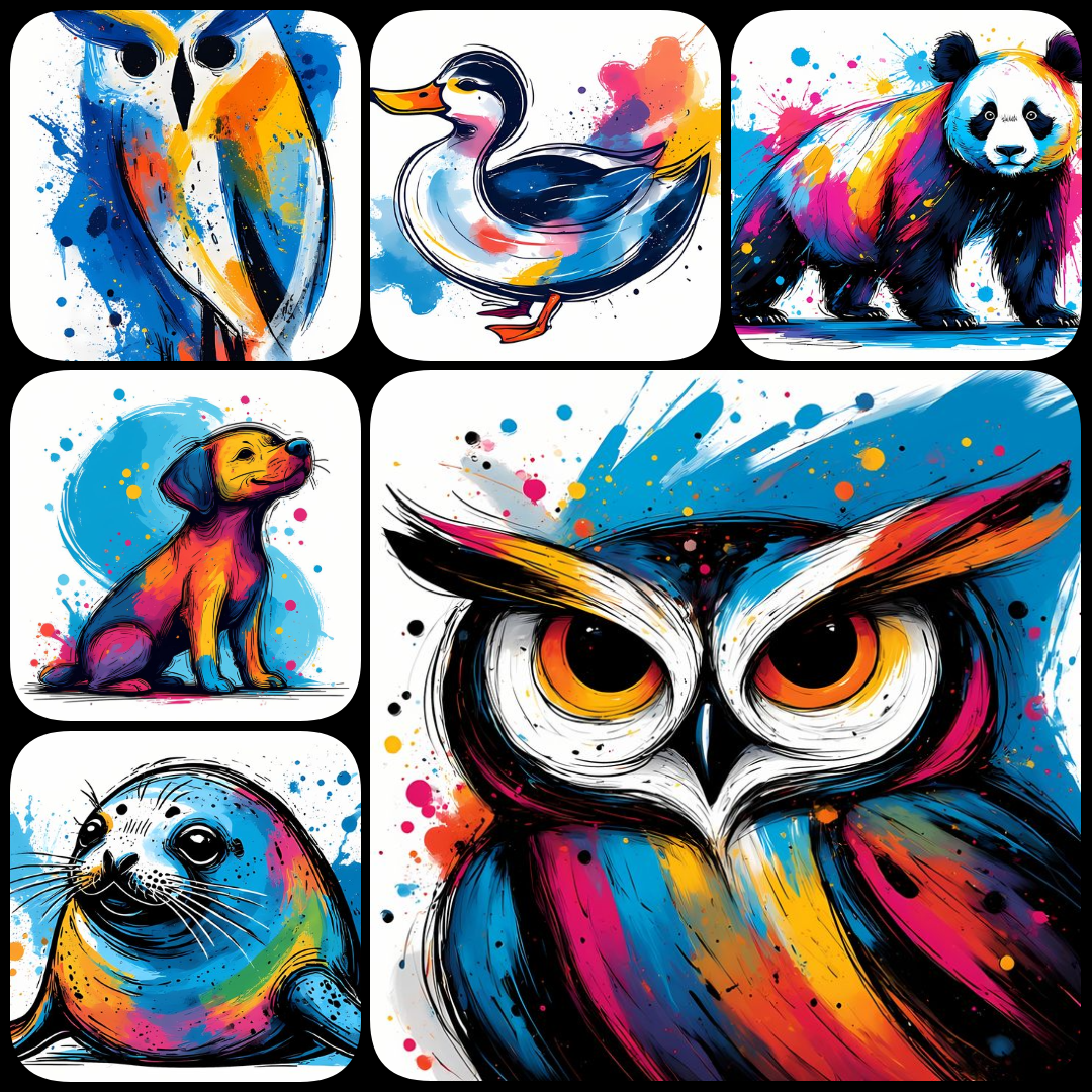 A vibrant collection of animal artwork in hues of blue, blending watercolor splash illustration and whimsical animal illustration with bold expressionist brushstroke painting and abstract watercolor art. Some designs feature playful, mandala-inspired patt