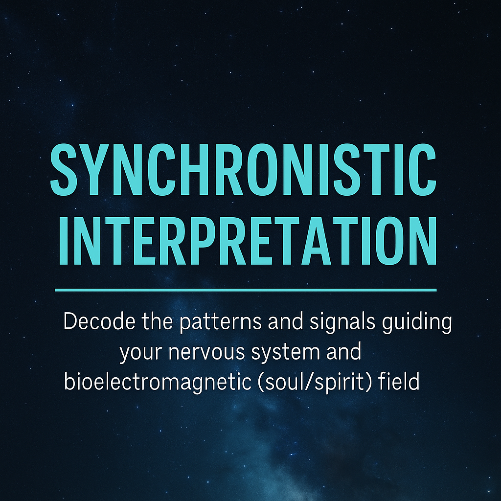 Synchronistic Interpretation cover with turquoise title on dark starry sky background.
