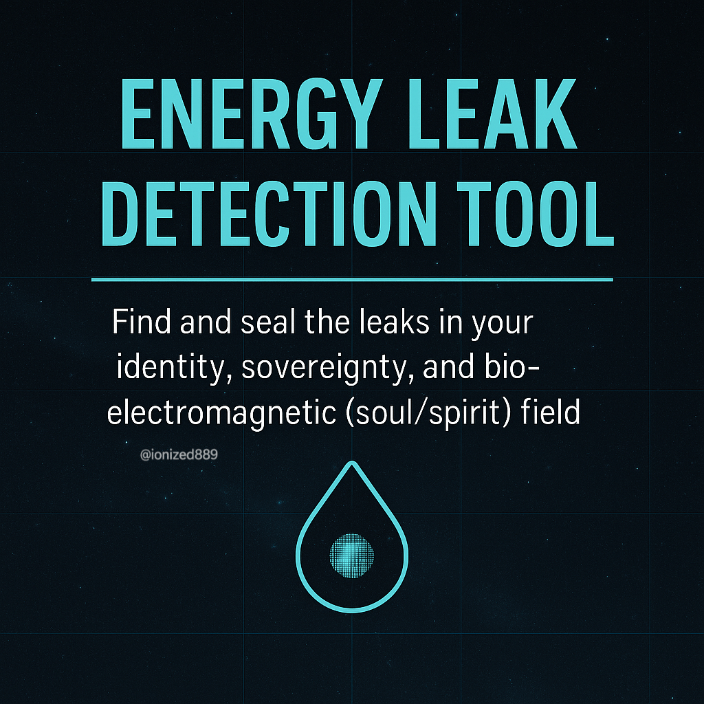 Energy Leak Detection Tool cover with turquoise title, subtitle text, and glowing droplet icon on a starry dark background.