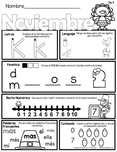 Kindergarten November Morning Work Thanksgiving Turkey Math and Reading Phonics