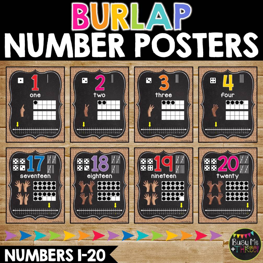 Number Posters 1-20 BURLAP AND CHALKBOARD Decor Farmhouse with Number Line