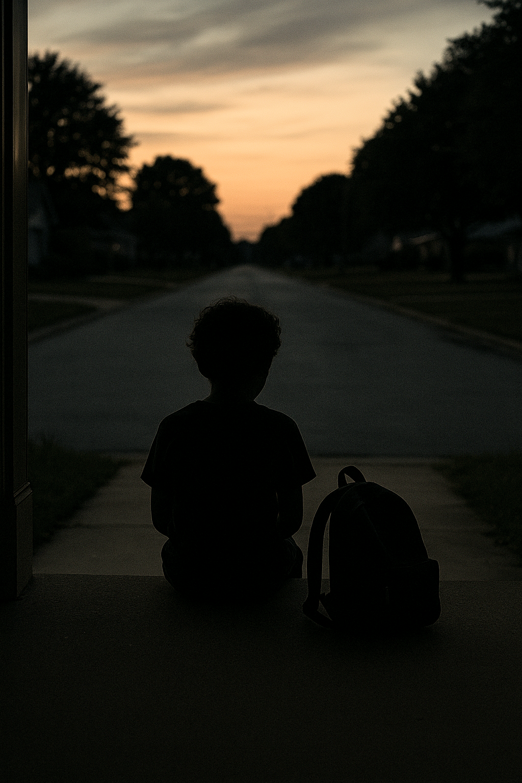 Silhouette of a young child with curly hair sitting on a front step at dusk, holding a backpack, gazing down an empty suburban road under a sunset sky.