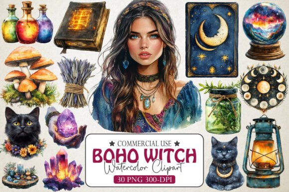 Wiccan Clipart Boho Witch Png Set