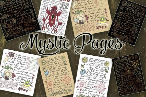 graphic collection of mystic pages for magic book of spells creation or any other esoteric creative porjects