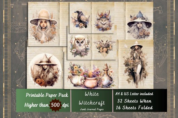 Printable White Witch Digital Paper, Boho Witchy Ephemera, Witchcraft Pages, Download Junk Journal, Scrapbooking, Card Making
