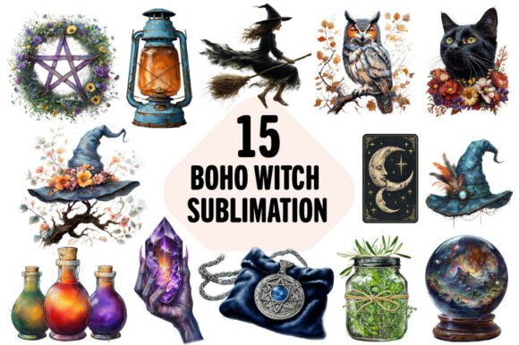 Wiccan Clipart Boho Witch Png Set Bundle