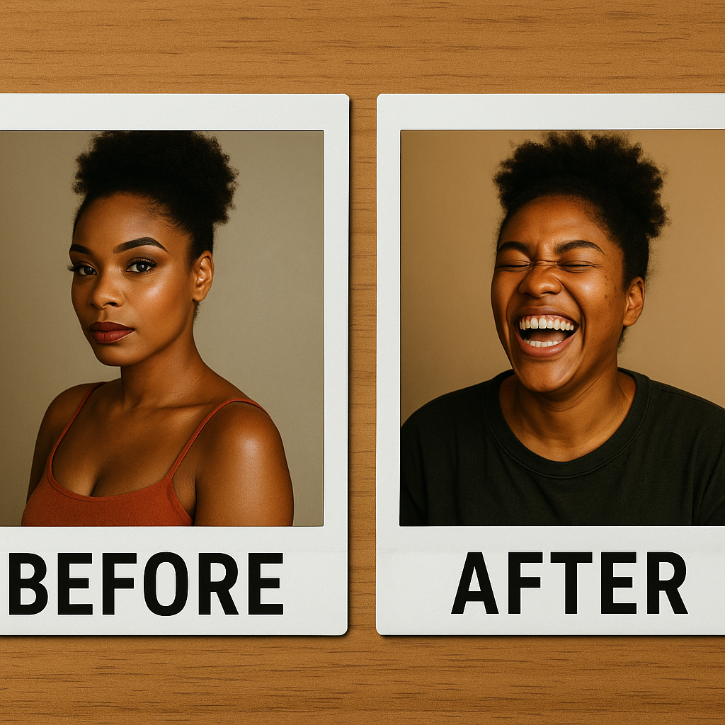 Side-by-side Polaroid photos of the same woman: the 