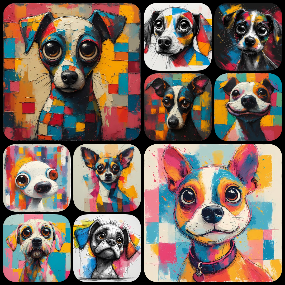 Add a burst of fun to your designs with this collection of 200 whimsical pop art dog illustrations. Featuring bold colors, abstract patterns, and playful details, these high-resolution images are perfect for prints, stickers, apparel, or digital projects.