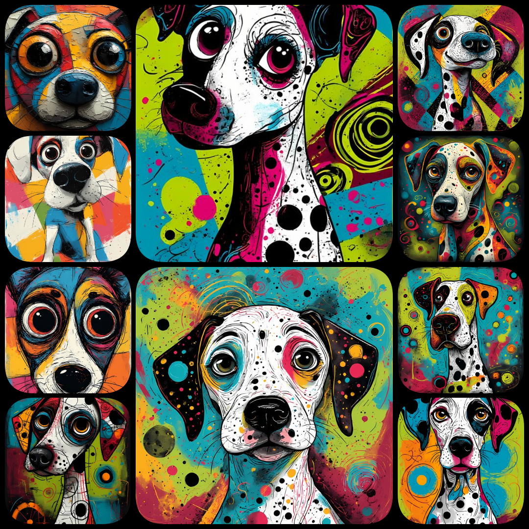 Add a burst of fun to your designs with this collection of 200 whimsical pop art dog illustrations. Featuring bold colors, abstract patterns, and playful details, these high-resolution images are perfect for prints, stickers, apparel, or digital projects.