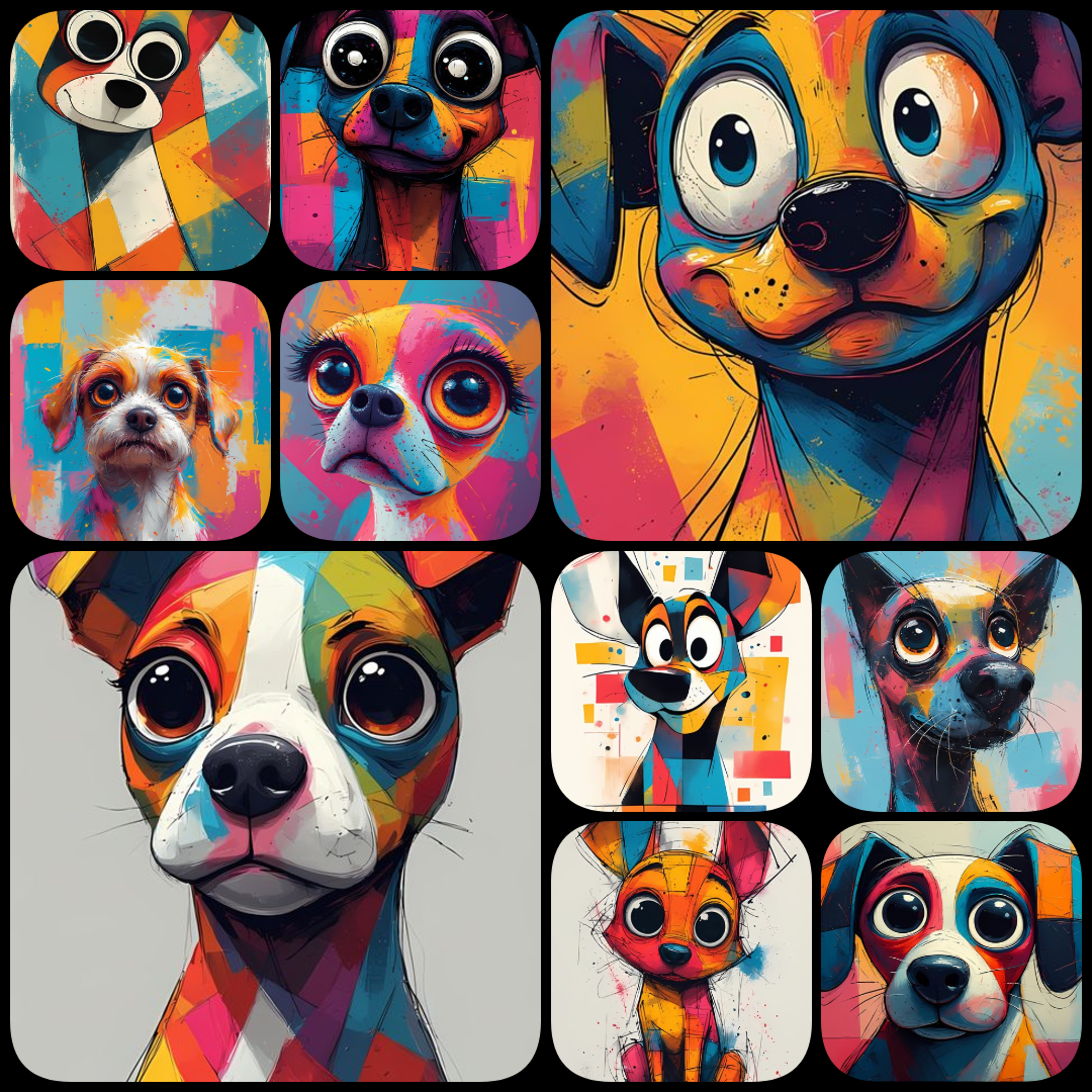 Add a burst of fun to your designs with this collection of 200 whimsical pop art dog illustrations. Featuring bold colors, abstract patterns, and playful details, these high-resolution images are perfect for prints, stickers, apparel, or digital projects.