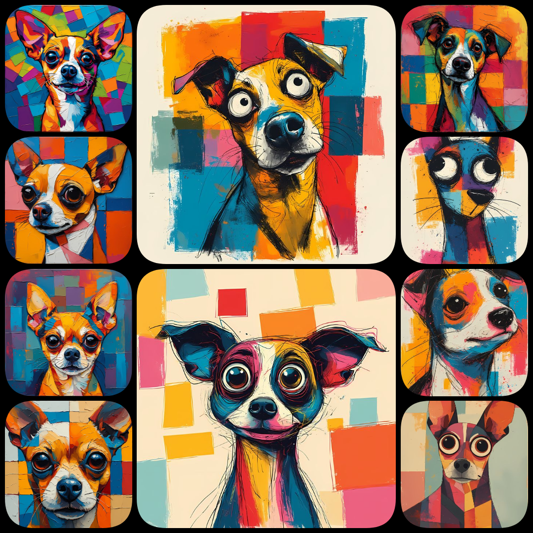 Add a burst of fun to your designs with this collection of 200 whimsical pop art dog illustrations. Featuring bold colors, abstract patterns, and playful details, these high-resolution images are perfect for prints, stickers, apparel, or digital projects.
