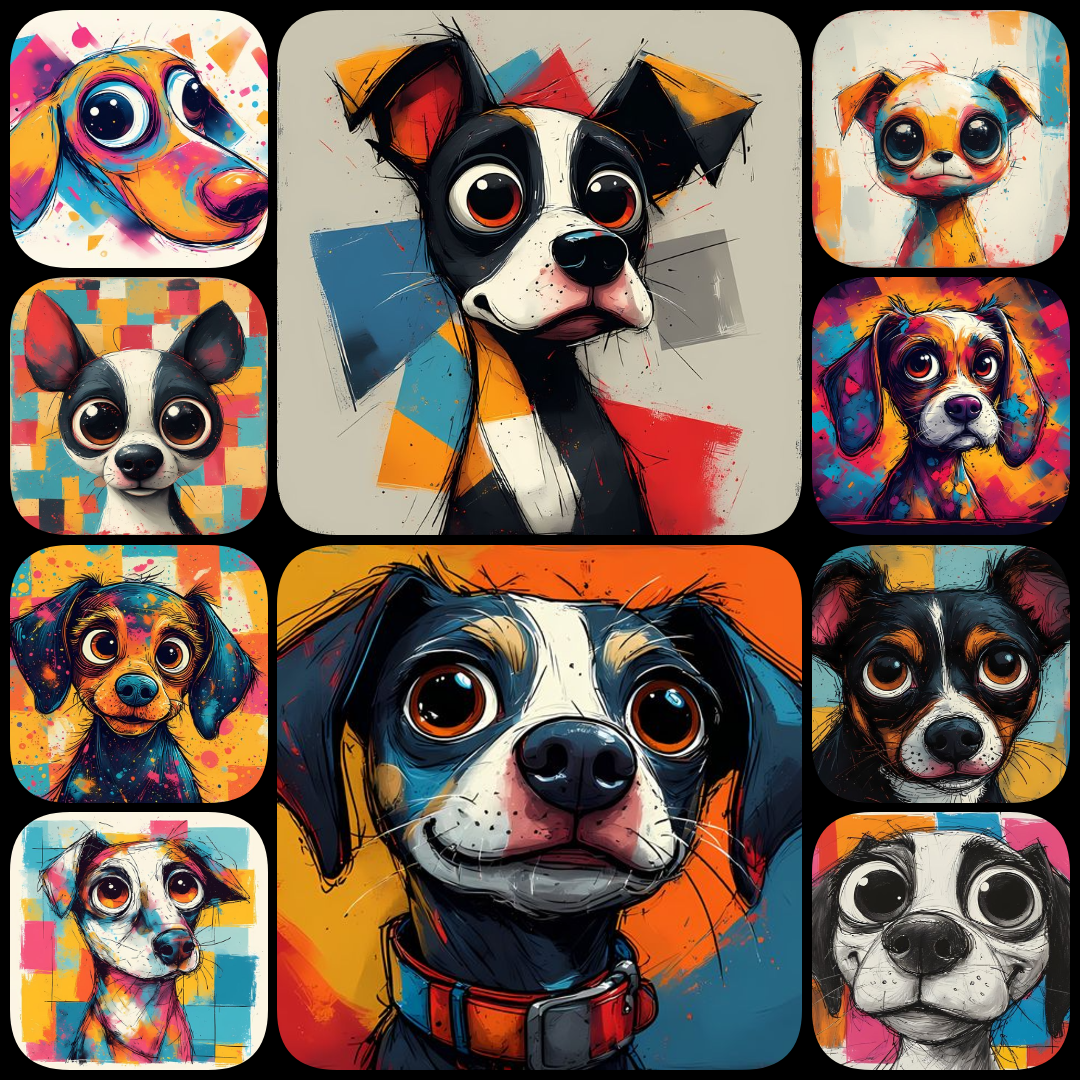 Add a burst of fun to your designs with this collection of 200 whimsical pop art dog illustrations. Featuring bold colors, abstract patterns, and playful details, these high-resolution images are perfect for prints, stickers, apparel, or digital projects.