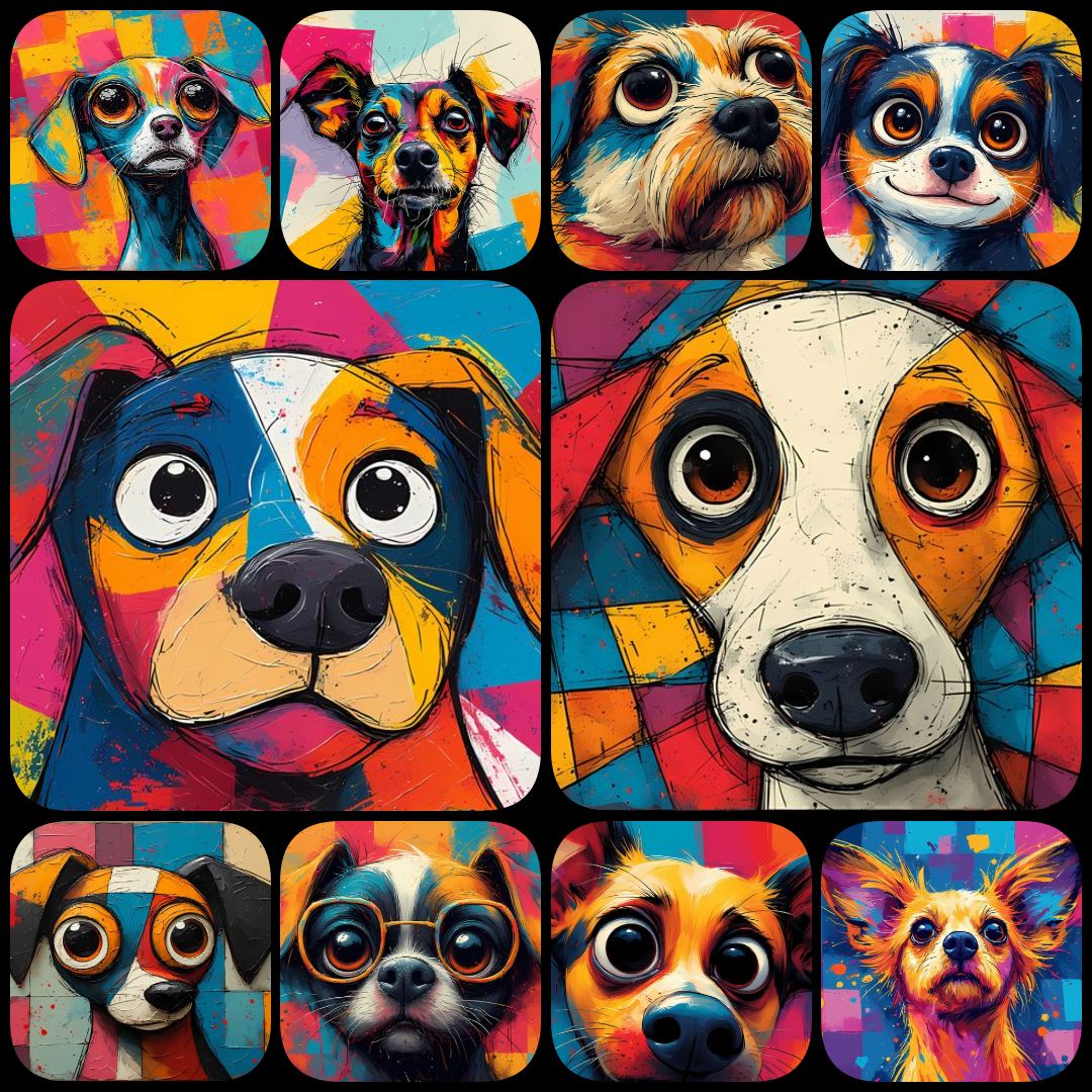 Add a burst of fun to your designs with this collection of 200 whimsical pop art dog illustrations. Featuring bold colors, abstract patterns, and playful details, these high-resolution images are perfect for prints, stickers, apparel, or digital projects.