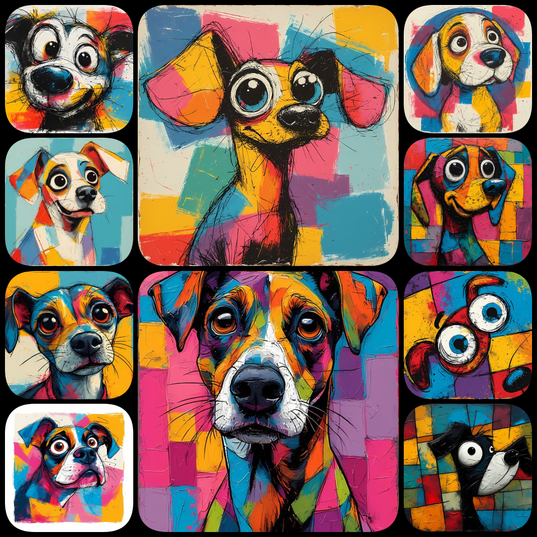 Add a burst of fun to your designs with this collection of 200 whimsical pop art dog illustrations. Featuring bold colors, abstract patterns, and playful details, these high-resolution images are perfect for prints, stickers, apparel, or digital projects.
