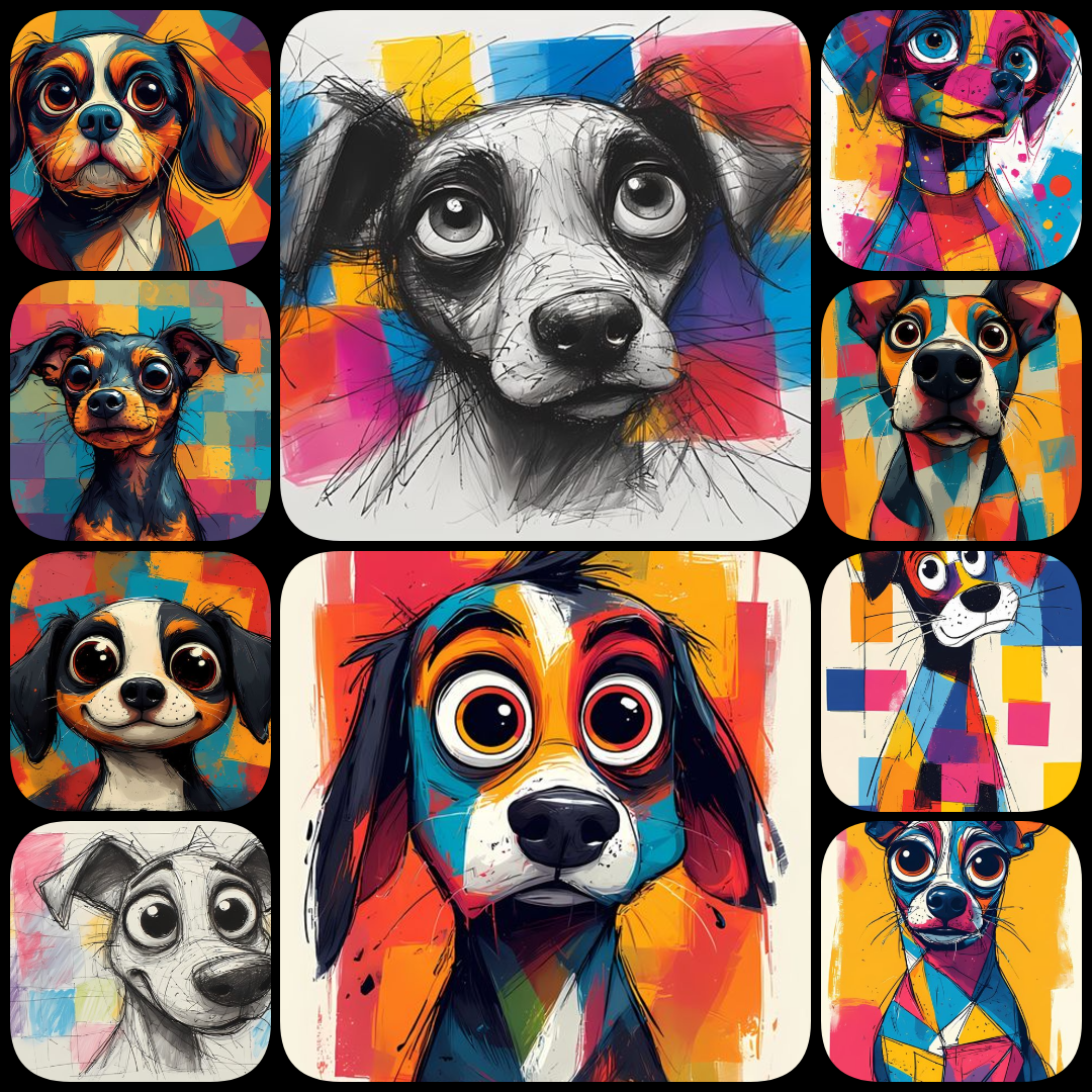 Add a burst of fun to your designs with this collection of 200 whimsical pop art dog illustrations. Featuring bold colors, abstract patterns, and playful details, these high-resolution images are perfect for prints, stickers, apparel, or digital projects.