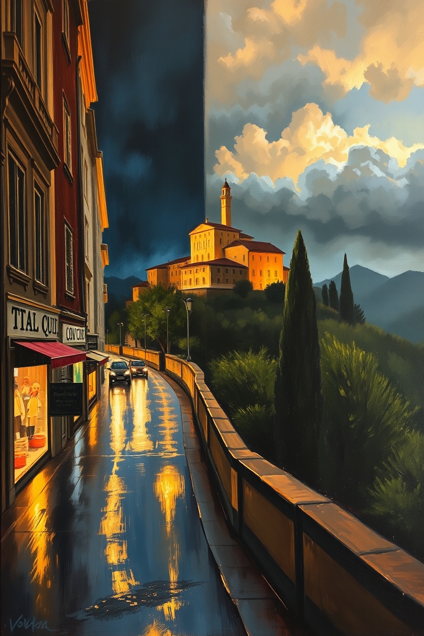 Oil painting of a wet, reflective cobblestone street curving toward a sunlit hilltop castle, split between dark storm clouds and bright sunset clouds.