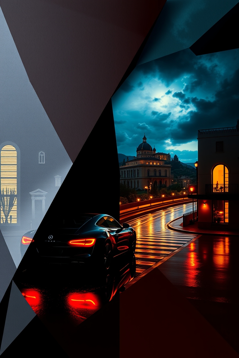 A sleek black sports car with red taillights driving on a wet, city street at night under a dramatic dark blue sky, framed by abstract geometric shapes