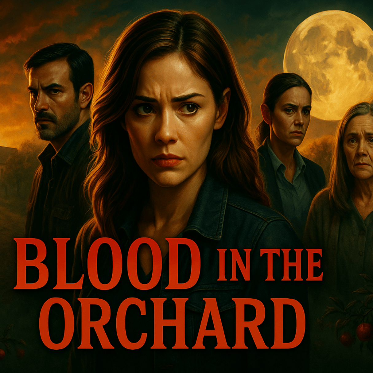 Poster for "BLOOD IN THE ORCHARD" showing four serious characters under a large full moon in an orchard.