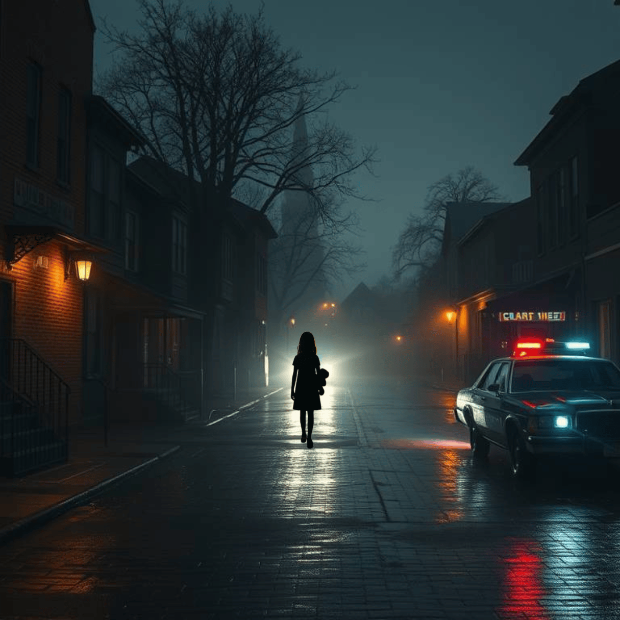 Silhouette of a woman holding a teddy bear walking down a dark, foggy street toward a police car with flashing lights.