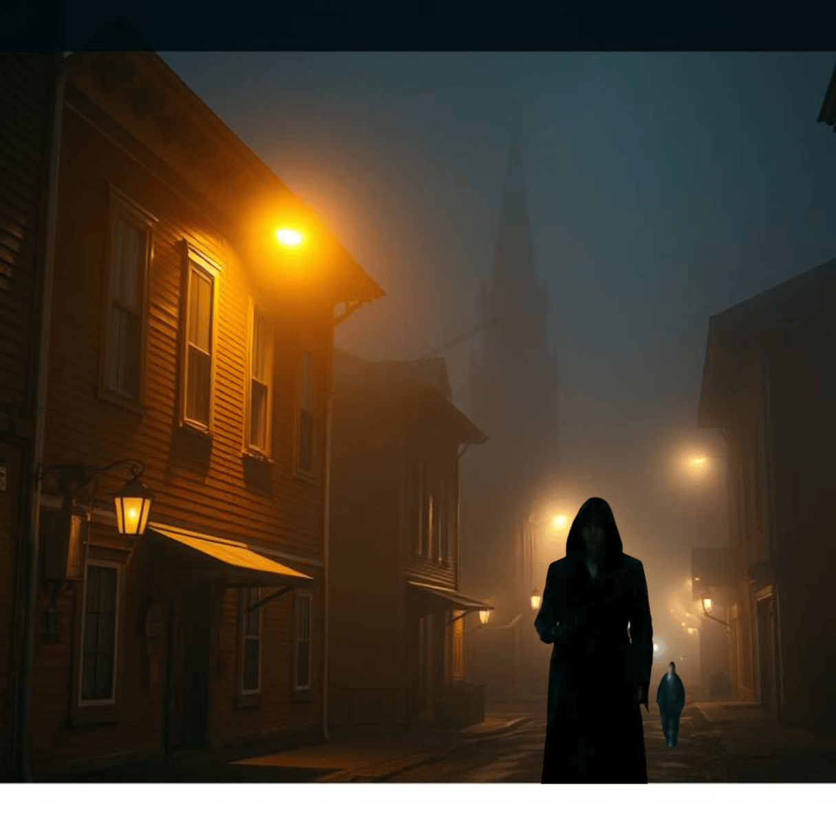 Hooded figure in a dark coat stands on a foggy, dimly lit street at night with another person walking in the distance.