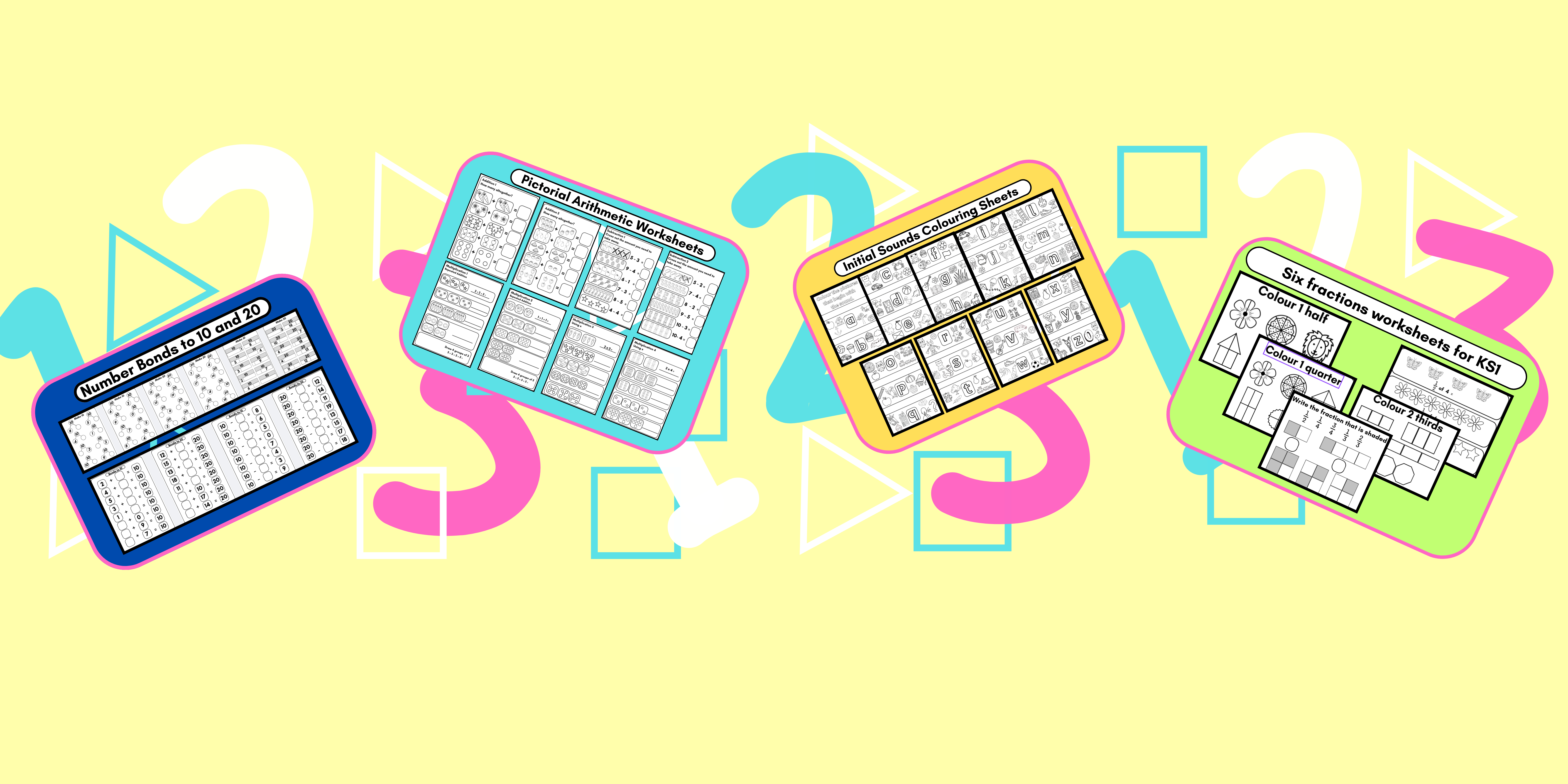 image shows numbers 1,2,3 on a yellow background. 4 images of worksheets. Number bonds, fractions, alphabet, pictorial arithmetic