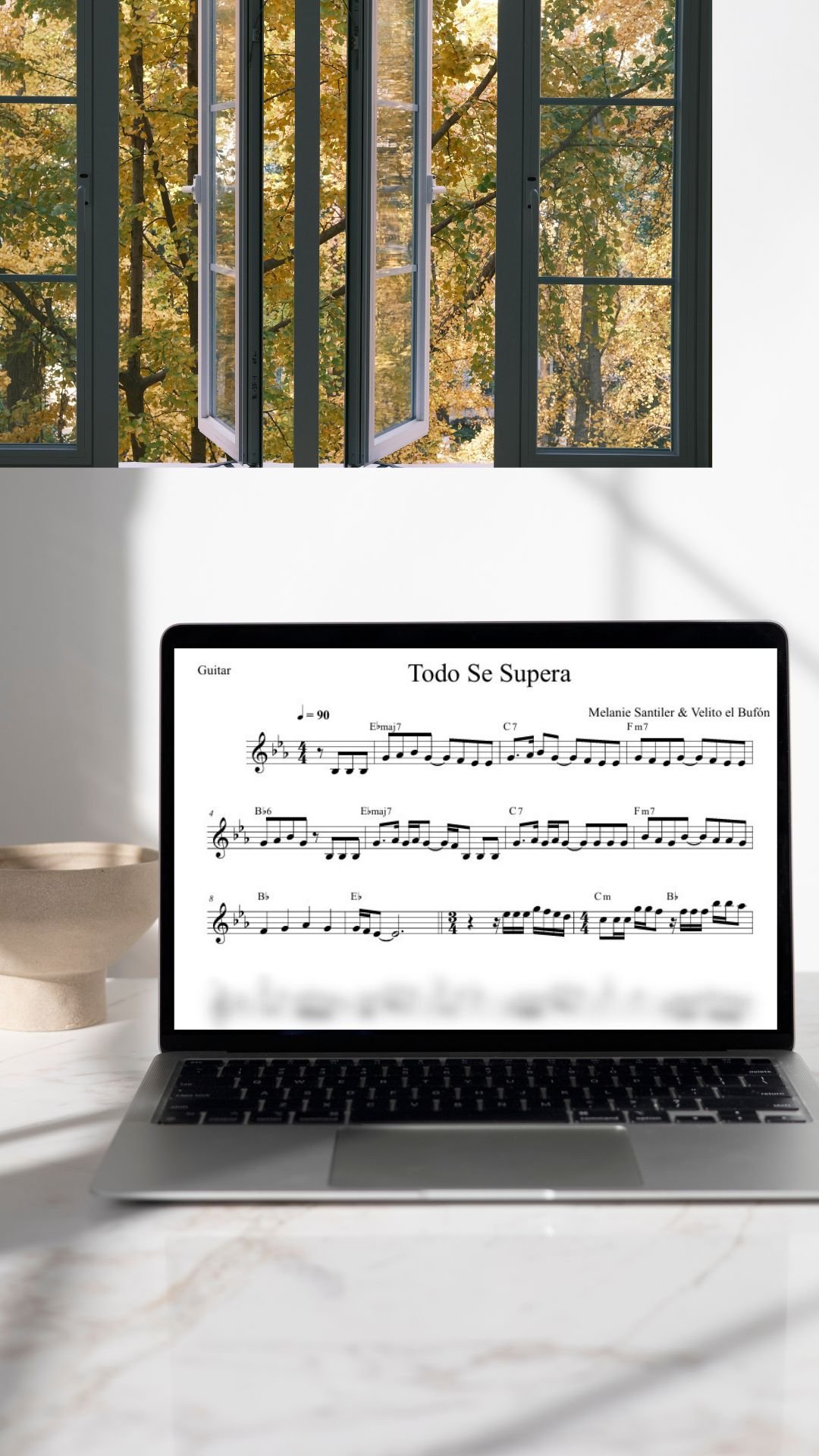Mockup de la partitura para guitarra de Todo Se Supera de Melanie Santiler y Velito el Bufón