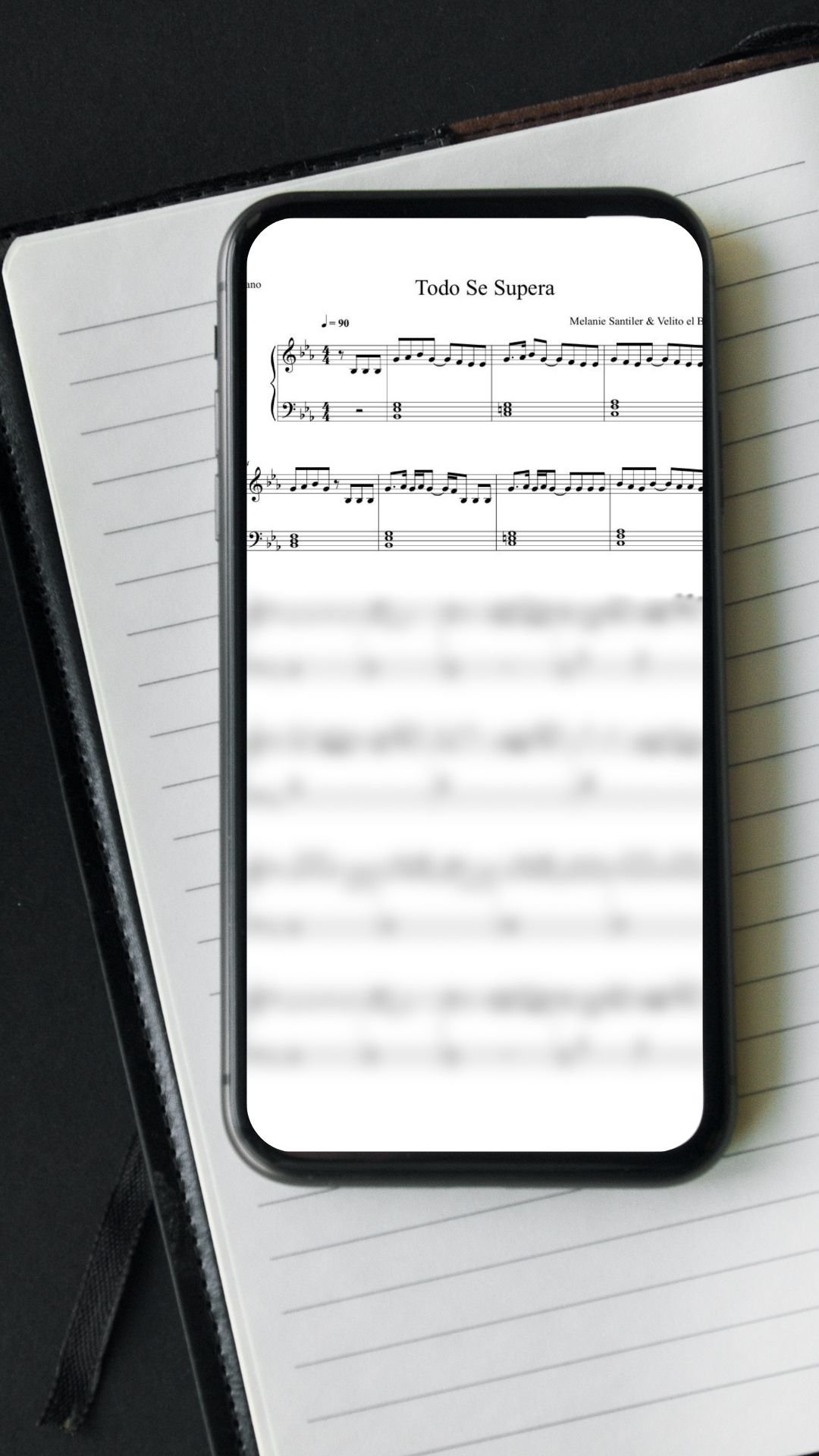 Mockup de la partitura para piano de Todo Se Supera de Melanie Santiler y Velito el Bufón