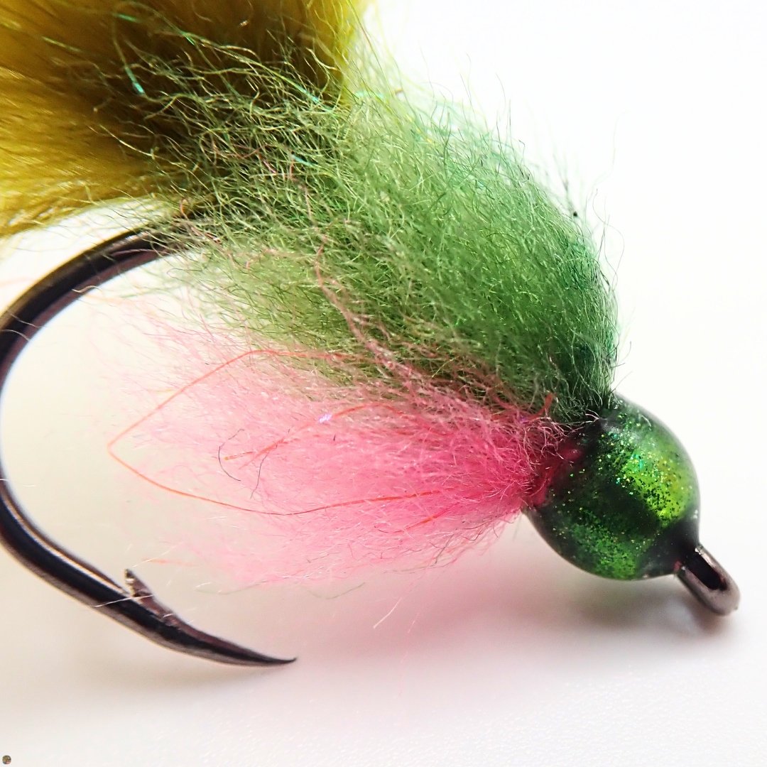Baby Bow Dub Minnow trout streamer fly, close-up of the head, tied by Matt Campbell, The Fly Guy.