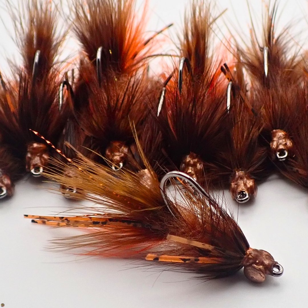 Creek Bugger Bass Version woolly bugger flies in craw colors, close-up, hand-tied by Matt Campbell, The Fly Guy.