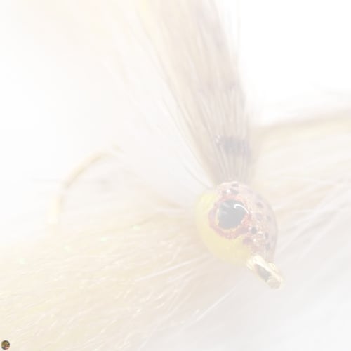 Close-up of Honey Brown Ice Minnow streamer fly with hand-painted head, tied by The Fly Guy, Matt Campbell.