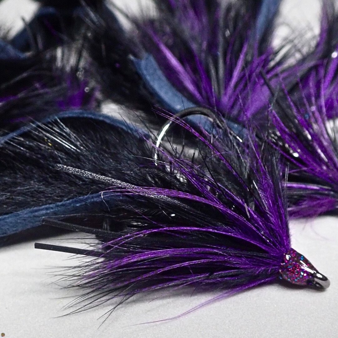 Close-up of black and purple Sparkle Bunny drop shot bass fly, tied by The Fly Guy Matt Campbell.