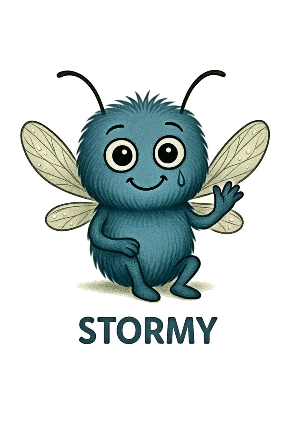 Cute blue mosquito cartoon character Stormy with a small tear, symbol of depression awareness from the Mental Health Musings journal collection.