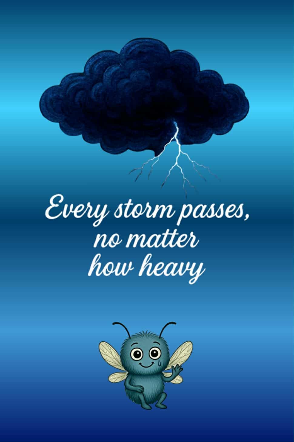 Illustration of a dark storm cloud with lightning and the phrase “Every storm passes, no matter how heavy” – Stormy depression awareness journal.