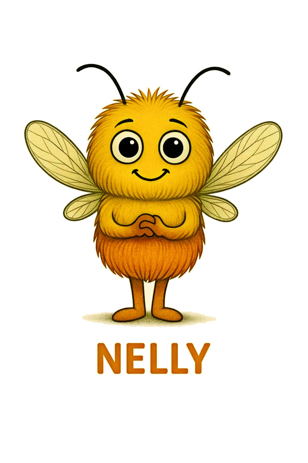 Cute yellow mosquito cartoon character Nelly holding hands together – anxiety awareness journal character from Mental Health Musings.