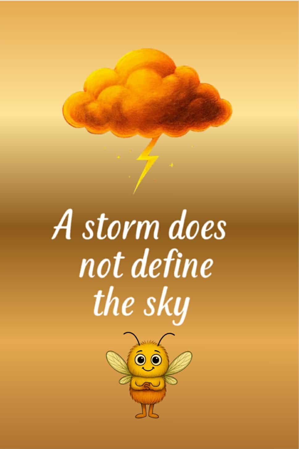 Illustration of an orange storm cloud with lightning and the phrase “A storm does not define the sky” – anxiety awareness design from Nelly Journal.