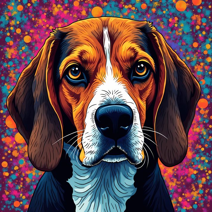 15 stunning Beagle High-Res Art Images in Psychedelic Pop Art Style  📦 What’s Included:  15 Files in total High Resolution: 300 DPI for professional quality Image Sizes: From 3072px to 9216px (portrait, landscape and square orientations) 🎨 Perfect For:  W